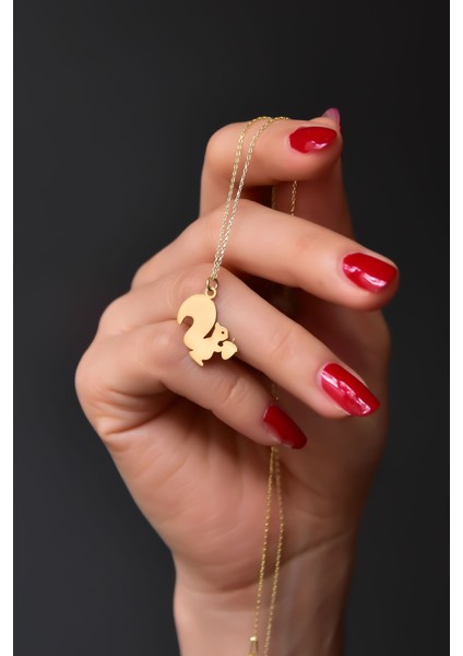 925 Ayar Gümüş Gold Kaplama Kesim Fındık Kurdu Sincap Kolye