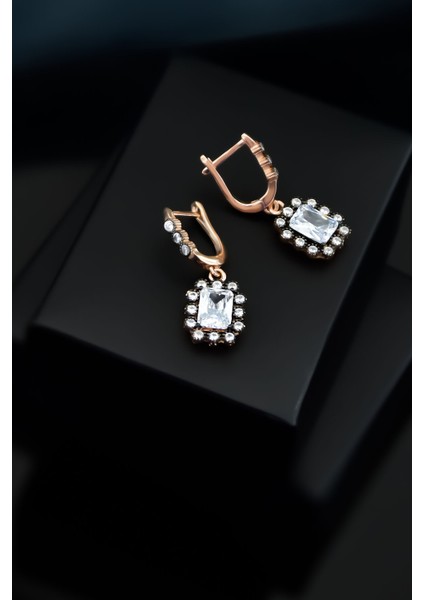 925 Ayar Gümüş Rose Kaplama Elmas Montür Kare Küpe