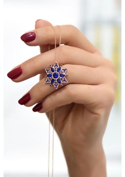 925 Ayar Gümüş Rose Kaplama Safir Kamelya Çiçeği Kolye