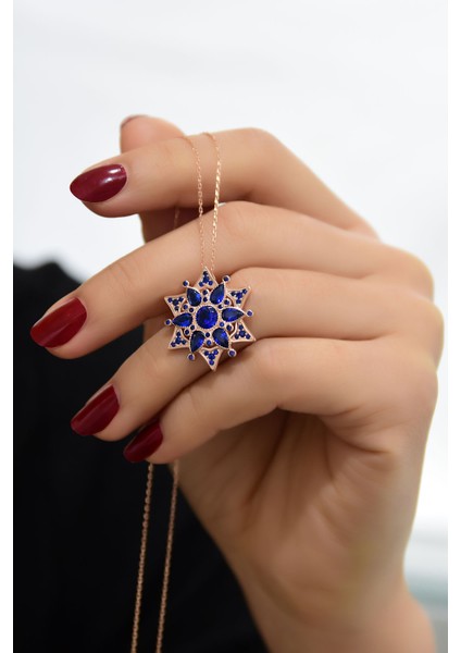 925 Ayar Gümüş Rose Kaplama Safir Kamelya Çiçeği Kolye fiyatları