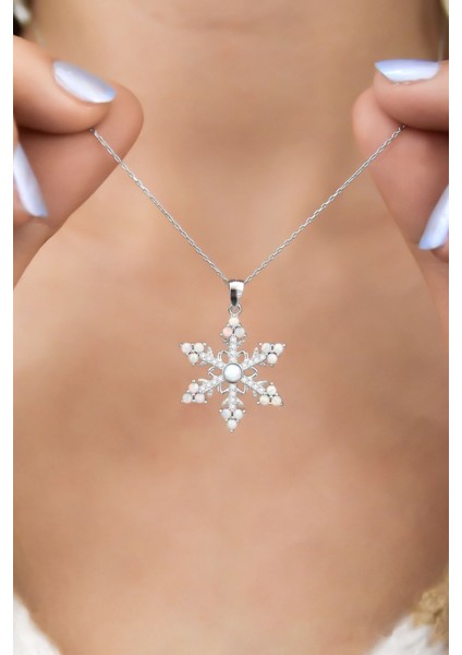 925 Ayar Gümüş Rodyum Kaplama Opal Taşlı Kar Tanesi Kolye