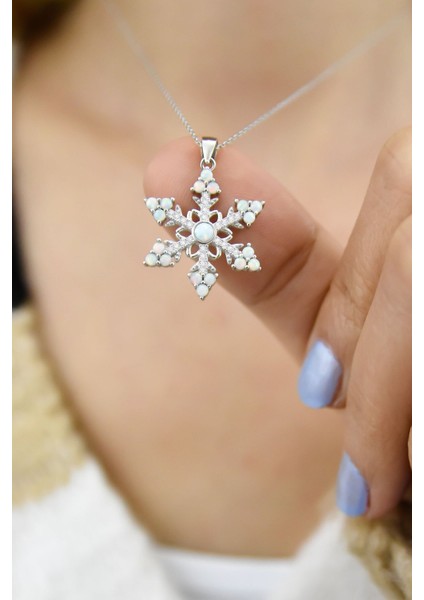 925 Ayar Gümüş Rodyum Kaplama Opal Taşlı Kar Tanesi Kolye fiyatları