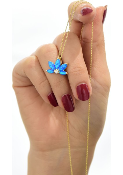 925 Ayar Gümüş Altın Kaplama Opal Taşlı Lotus Kolye