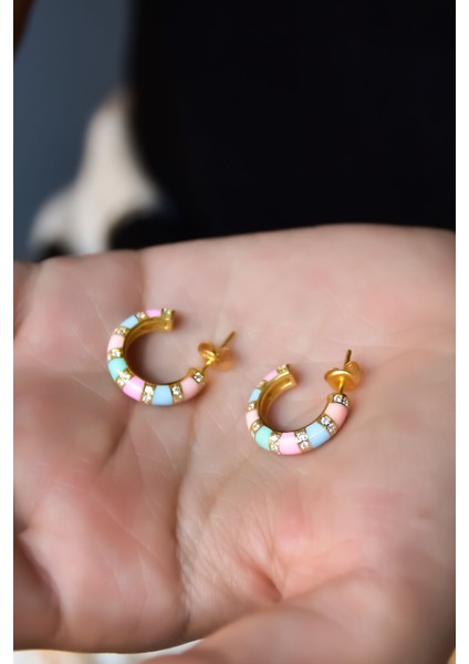 925 Ayar Gümüş Gold Kaplama Renkli Mineli Zirkon Taşlı Halka Küpe