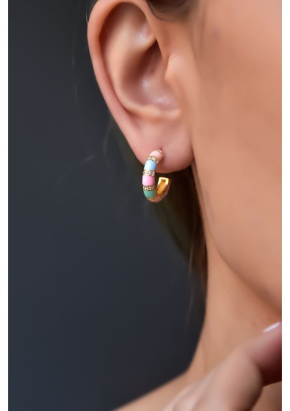 925 Ayar Gümüş Gold Kaplama Renkli Mineli Zirkon Taşlı Halka Küpe fiyatları