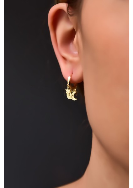 925 Ayar Gümüş Gold Kaplama Çift Plaka Hilal ve Yıldız Halka Küpe