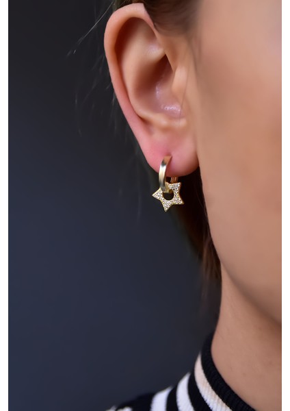 925 Ayar Gümüş Gold Kaplama Zirkon Taşlı Yıldız Halka Küpe