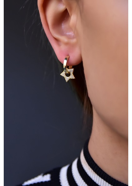 925 Ayar Gümüş Gold Kaplama Zirkon Taşlı Yıldız Halka Küpe fiyatları