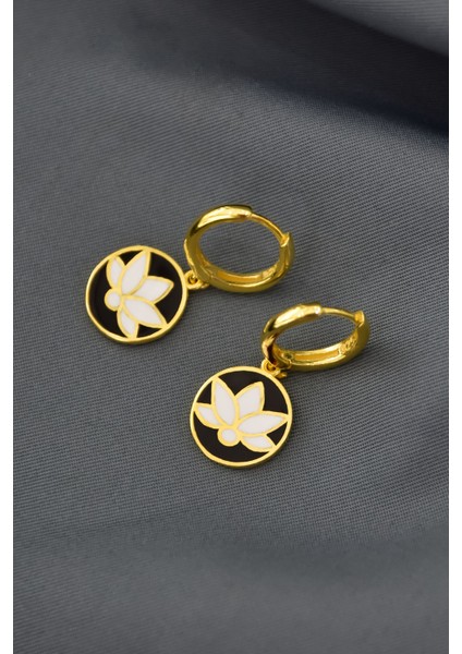 925 Ayar Gümüş Gold Kaplama Mineli Lotus Çiçeği Halka Küpe