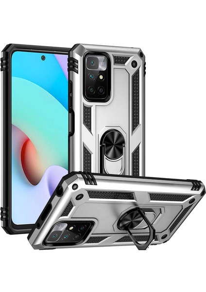 Xiaomi Redmi Note 11 4g Kılıf Vega Tank Standlı Yüzüklü Mıknatıslı+Nano Glass Gümüş