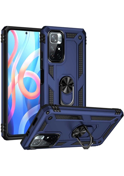 Casestreet Xiaomi Poco M4 Pro 5g Kılıf Vega Tank Standlı Yüzüklü Mıknatıslı+Nano Glass Lacivert