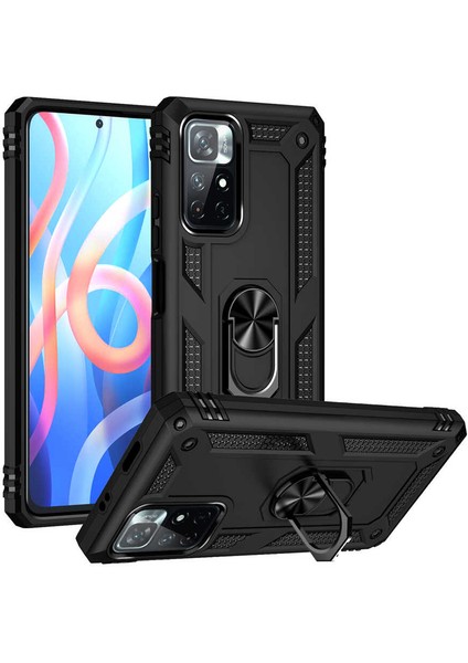 Casestreet Xiaomi Poco M4 Pro 5g Kılıf Vega Tank Standlı Yüzüklü Mıknatıslı+Nano Glass Siyah