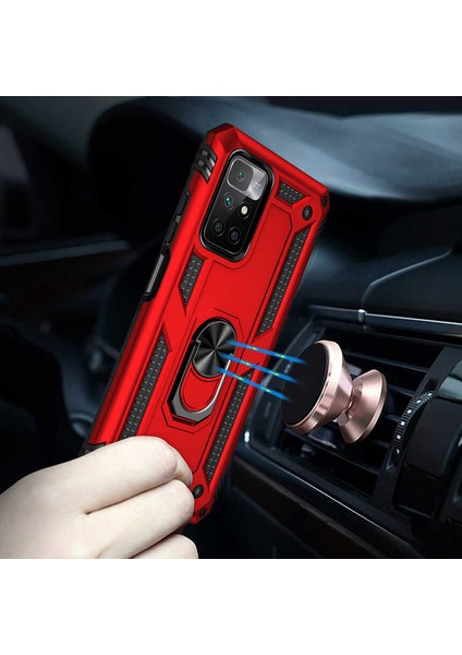 Casestreet Xiaomi Redmi Note 11 4g Kılıf Vega Tank Standlı Yüzüklü Mıknatıslı+Nano Glass Kırmızı