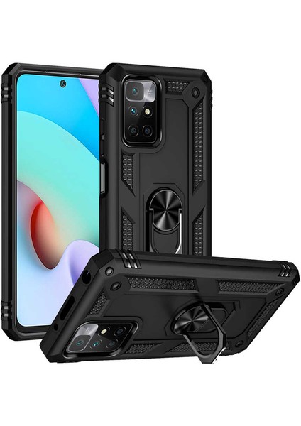 Casestreet Xiaomi Redmi Note 11 4g Kılıf Vega Tank Standlı Yüzüklü Mıknatıslı+Nano Glass Siyah