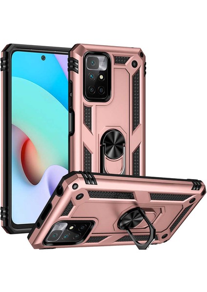 Casestreet Xiaomi Redmi Note 11 4g Kılıf Vega Tank Standlı Yüzüklü Mıknatıslı+Nano Glass Bronz