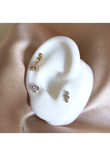 Cerrahi Çelik Üç Taş Charmlı & Tek Taşlı Üçlü Gold Piercing Set- 3 Adet - 6 mm modelleri