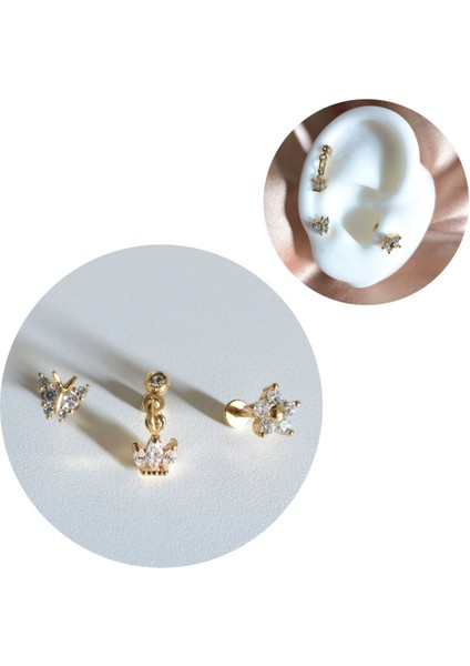 Cerrahi Çelik Lotus Çiçeği&kelebek Gold Piercing Set- 3 Adet - 6 mm
