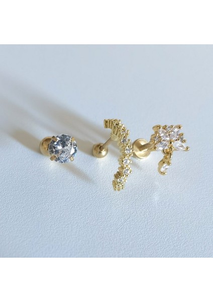 Cerrahi Çelik Zarif Zirkon Taşlı Gold Piercing Set- 3 Adet - 6 mm