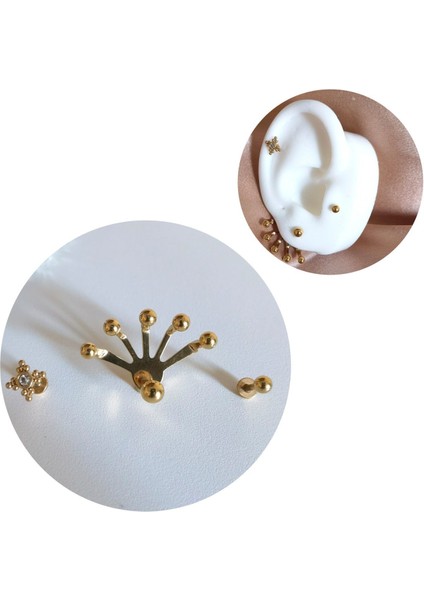 Cerrahi Çelik Işıltılı Üçlü Gold Piercing Set- 3 Adet - 6 mm