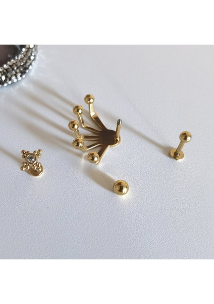 Cerrahi Çelik Işıltılı Üçlü Gold Piercing Set- 3 Adet - 6 mm