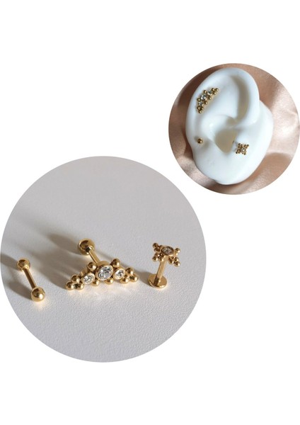 Cerrahi Çelik Mükemmel Üçlü Gold Piercing Set- 3 Adet - 6 mm