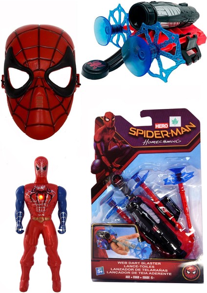 Örümcek Adam Spider Man Vantuz Ağ Ok Atıcı Fırlatıcı + Maske ve 17CM Işıklı Figür Seti