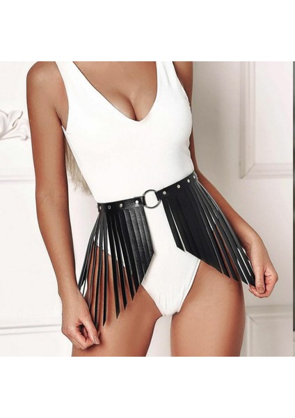 Sweet Demon Elbise Üzeri, Püsküllü Kemer Deri Harness Siyah