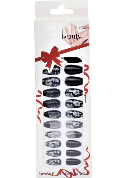 24 Lü Takma Tırnak Slikon Yapışkanlı(Siyah +Desenli)