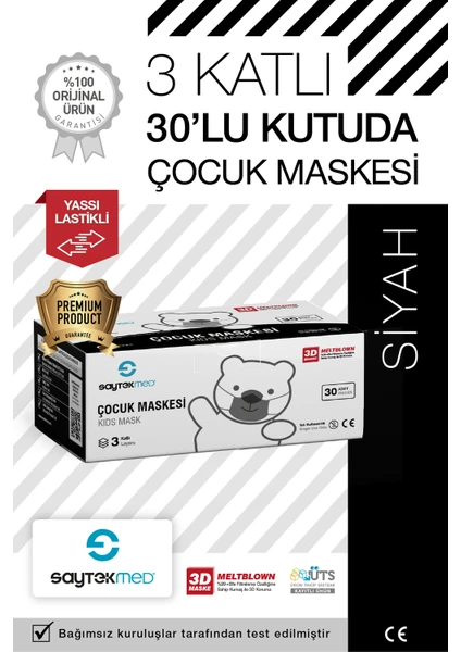 Saytekmed Premium 3 Katlı Meltblown Filtreli Siyah Çocuk Maskesi (1 Kutu/30 Adet)