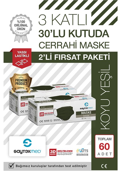 Meltblown Filtreli, Yassı İpli 3 Katlı Haki/Koyu Yeşil Cerrah Maske (60 Adet/2 Kutu)