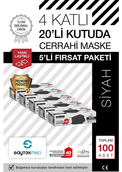 Iki Kat Meltblown Koruması, 4 Katlı Siyah Cerrahi Maske (100 Adet/5 Kutu)