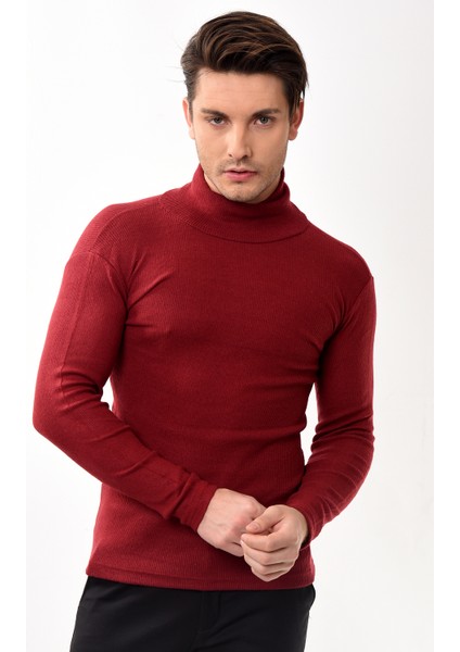Erkek Balıkçı Yaka Boğazlı Slim Fit Kazak Bordo fırsatları