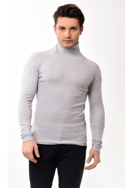 Erkek Balıkçı Yaka Boğazlı Slim Fit Kazak Gri