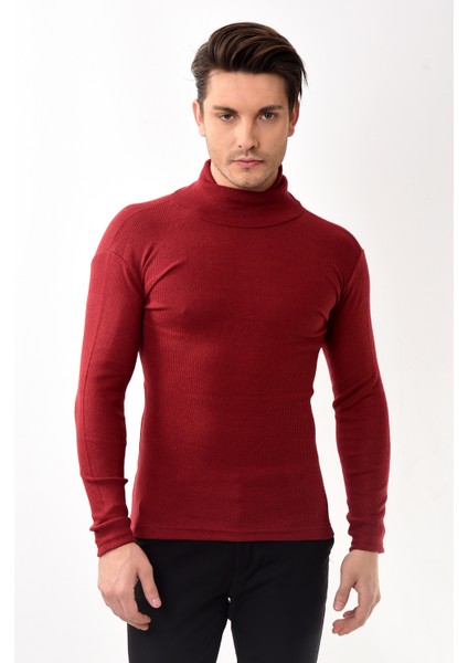 Erkek Balıkçı Yaka Boğazlı Slim Fit Kazak Bordo