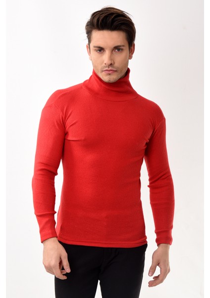 Erkek Balıkçı Yaka Boğazlı Slim Fit Kazak Kırmızı