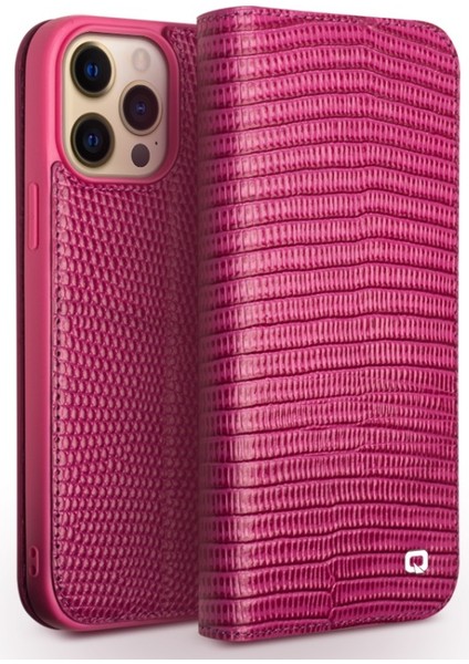 iPhone 13 Pro Için Çizilmeye Dayanıklı Timsah Dokuku Standlı Hakiki Deri Telefon Kılıfı - Rose (Yurt Dışından)