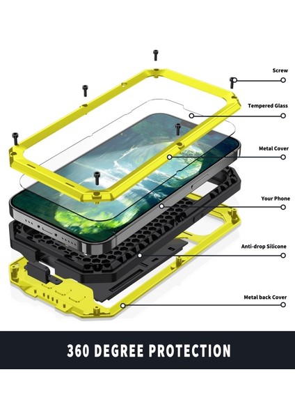 iPhone 13 Mini Için Dahili Temperli Cam Ekran Koruyuculu Standlı Suya Toza Darbeye Dayanıklı Metal Kılıf - Sarı  (Yurt Dışından)