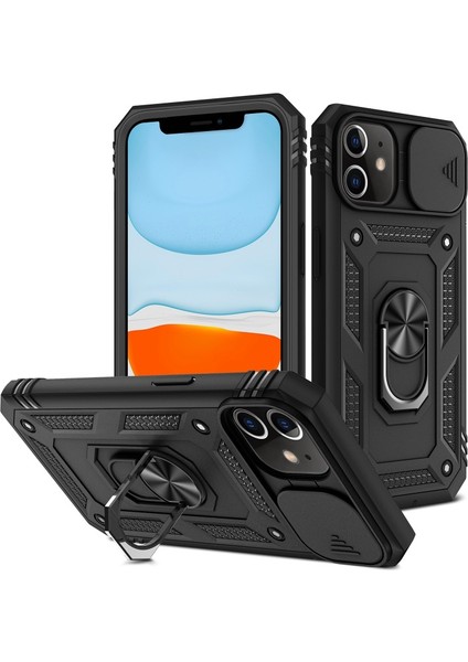 iPhone 12 Mini Için Halka Standlı Sert Pc + Yumuşak Tpu Darbeye Dayanıklı Koruyucu Kılıf - Siyah (Yurt Dışından)