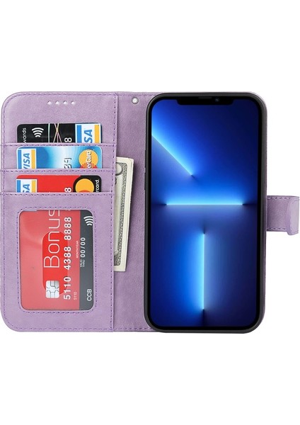 iPhone 13 Pro Için R61 Desenli Cüzdan Tasarımlı Dayanıklı Pu Deri Telefon Kılıfı - Mor (Yurt Dışından)