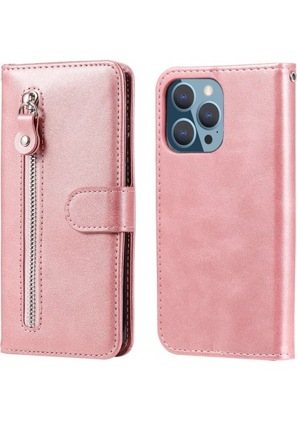 iPhone 13 Pro Için Çizilmez Fermuarlı Deri Cüzdan Tasarımlı Telefon Kılıfı - Rose Gold (Yurt Dışından)