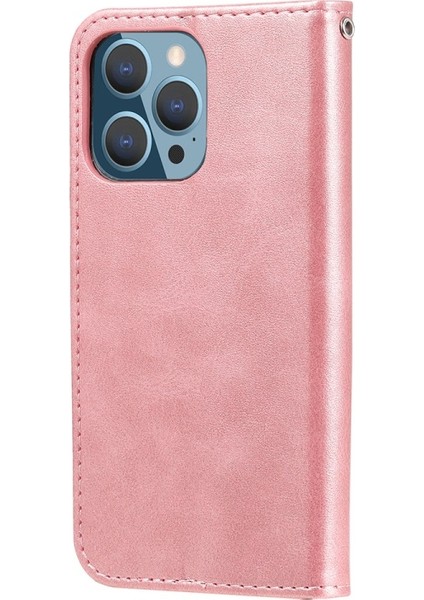 iPhone 13 Pro Için Çizilmez Fermuarlı Deri Cüzdan Tasarımlı Telefon Kılıfı - Rose Gold (Yurt Dışından)