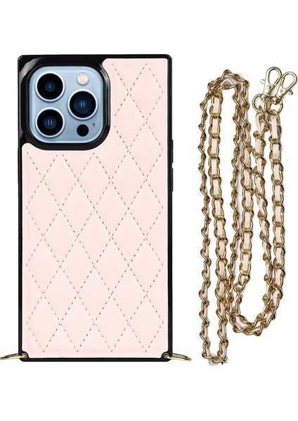 iPhone 13 Pro Max Için Dörtgen Desenli Metal Kayışlı Mikrofiber Deri Kaplamalı Tpu Telefon Kılıfı - Pembe (Yurt Dışından)