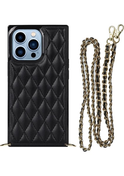 iPhone 13 Pro Max Için Dörtgen Desenli Metal Kayışlı Mikrofiber Deri Kaplamalı Tpu Telefon Kılıfı - Siyah (Yurt Dışından)