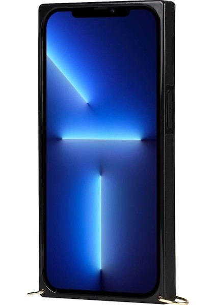 iPhone 13 Pro Max Için Dörtgen Desenli Metal Kayışlı Mikrofiber Deri Kaplamalı Tpu Telefon Kılıfı - Siyah (Yurt Dışından)