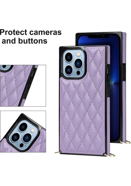 iPhone 13 Pro Max Için Dörtgen Desenli Metal Kayışlı Mikrofiber Deri Kaplamalı Tpu Telefon Kılıfı - Açık Mor (Yurt Dışından)