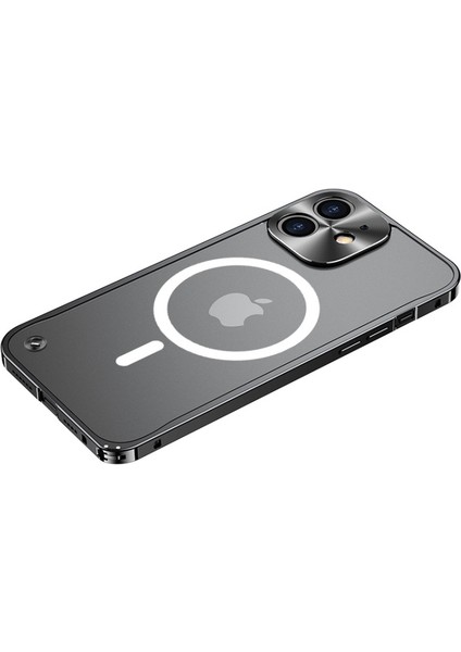 iPhone 12 Mini Için Çizilmeye Dayanıklı Temperli Cam + Manyetik Kablosuz Şarjlı Metal Mat Telefon Kılıfı - Siyah (Yurt Dışından)