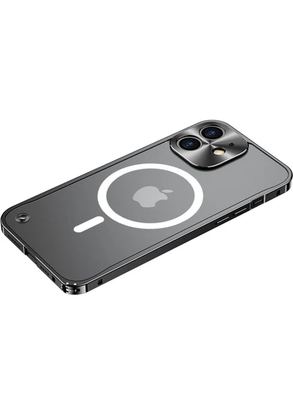 iPhone 12 Mini Için Çizilmeye Dayanıklı Temperli Cam + Manyetik Kablosuz Şarjlı Metal Mat Telefon Kılıfı - Siyah  (Yurt Dışından)