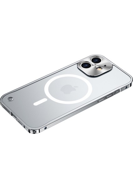 iPhone 12 Mini Için Çizilmeye Dayanıklı Temperli Cam + Manyetik Kablosuz Şarjlı Metal Mat Telefon Kılıfı - Gümüş (Yurt Dışından)