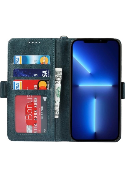 iPhone 13 Mini Için Retro Tarzı Rfıd Engelleyici Manyetik Cüzdan Kılıf - Mavi (Yurt Dışından)