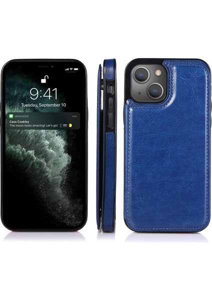 iPhone 13 Mini Için Çizilmeye Dayanıklı Standlı Pu Deri Kaplamalı Tpu Telefon Kılıfı - Mavi (Yurt Dışından)